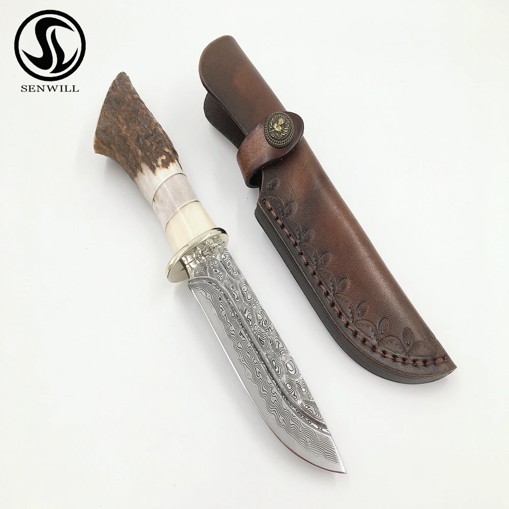 

Senwill Damascus steel Hunting Knife VG10 Straight Blade Outdoor Survival Fixed Blade Knives Camel Bone Handle Leather Sheath