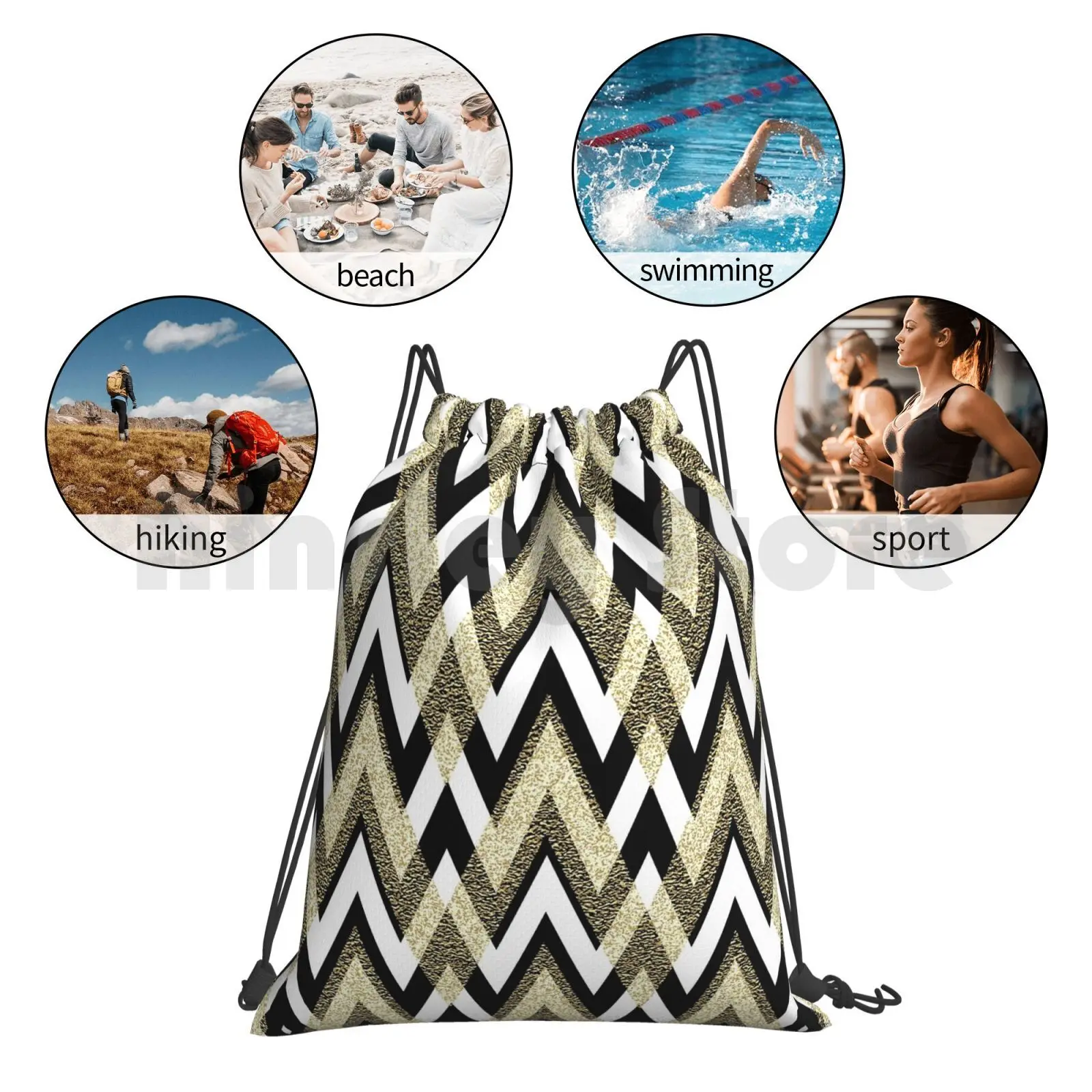 

Geometric Elegance Gold And Black Backpack Drawstring Bags Gym Bag Waterproof Zag Zigzag Geometric Pattern Stylish Trendy