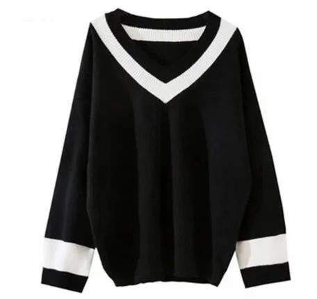

Autumn Winter V Neck Pullovers Sweaters Patchwork Cute Loose Harajuku Clothing for Women White Black Women Sweater