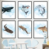 watercolor shark whale marine life wall art canvas painting nordic posters and prints cartoons pictures for home kids room decor