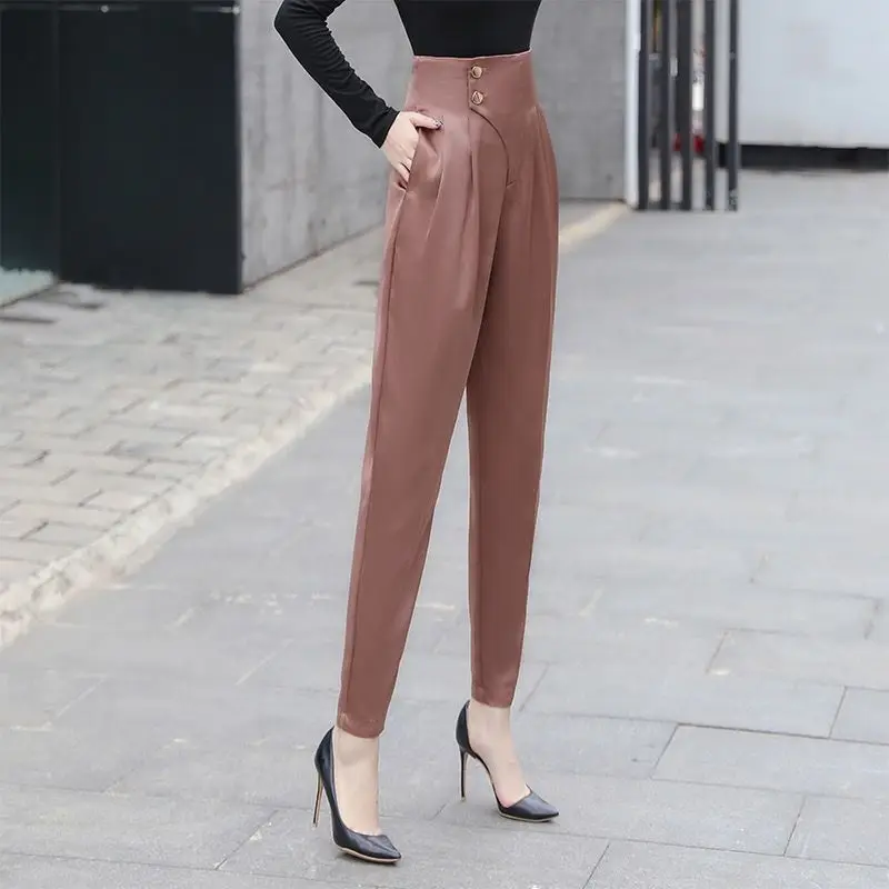 

2020 New Korean OL Style Women Formal Harem Pants Pockets High Waist Elegant Office Lady Button Ankle-Length Loose Trousers M144