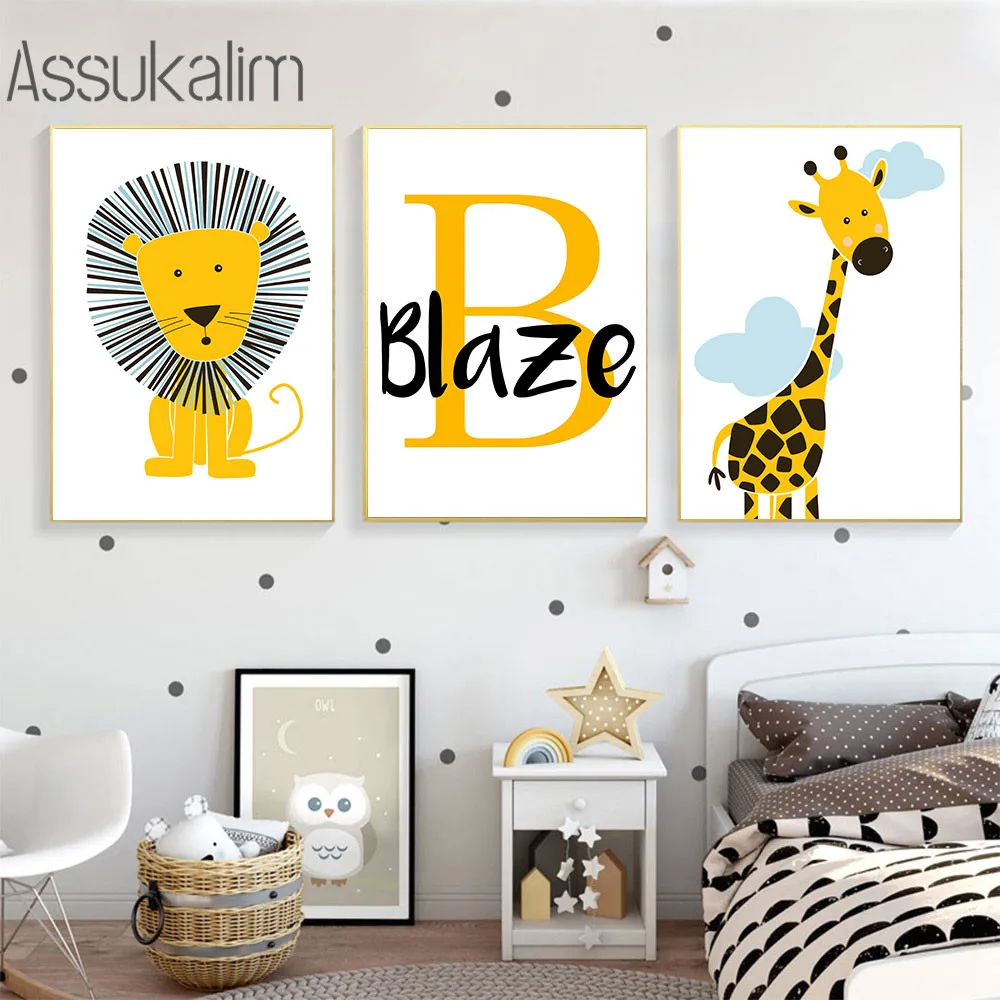 

Lion Giraffe Art Print Custom Name Wall Posters Nursery Canvas Painting Baby Poster Nordic Wall Pictures Boy Bedroom Decoration