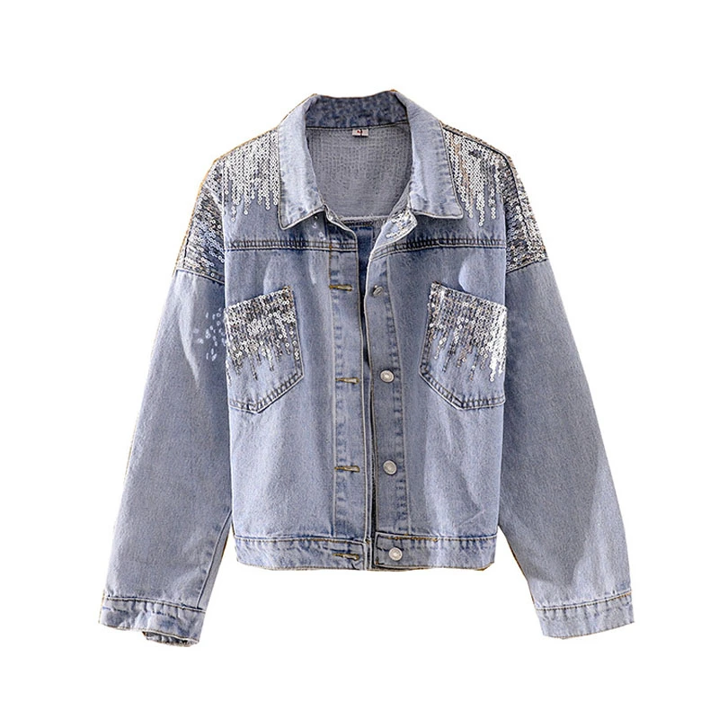 

Spring Autumn Women Jeans Jacket Nightclub Female Outwear High Street Party Woman Jeans Coats Long Sleeve Sequins Denim Jacket