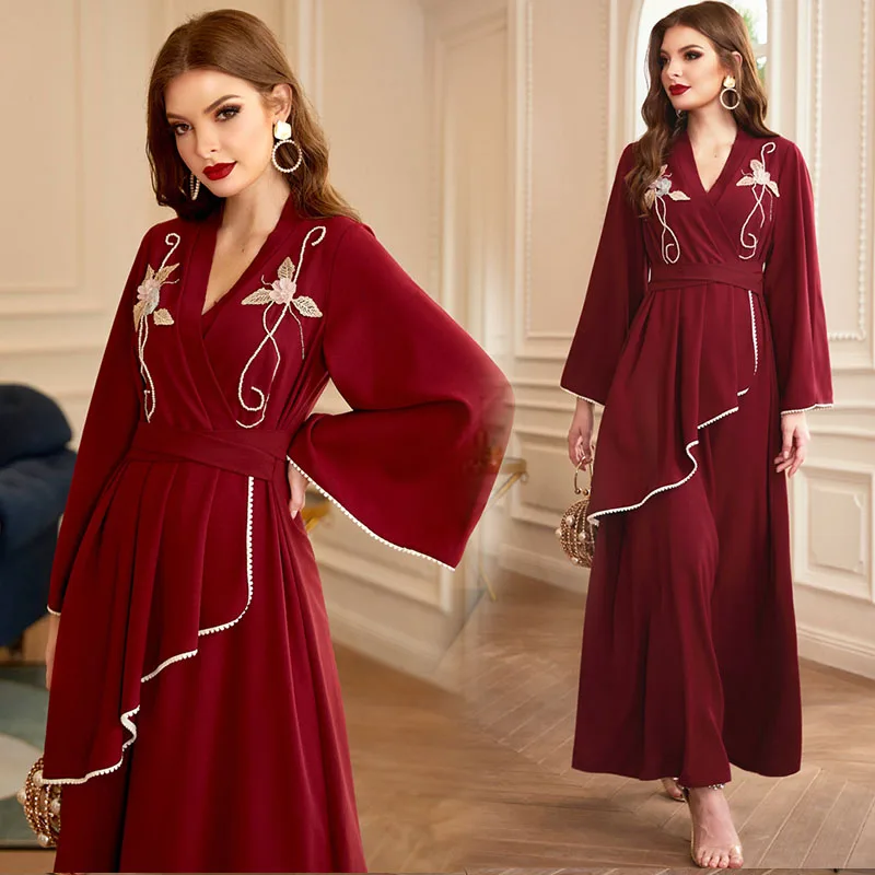 

Abaya Ladies Fashion Muslim Dresses Thin Pearl Floral Embroidery V-Neck Red Modest Maxi Dress Flared Sleeve Irregular Dresses