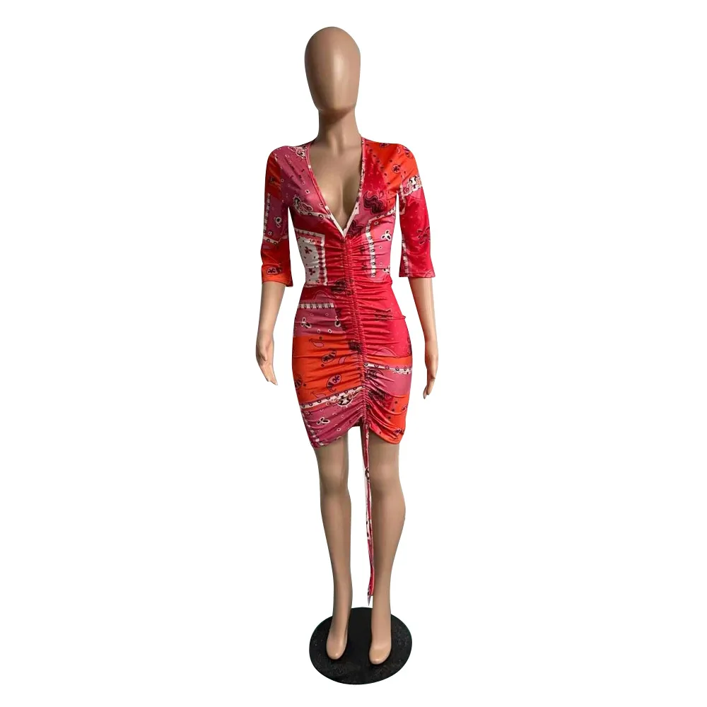 

Women Party Mini Dresses 2021 Summer Fashion Printed Deep V-Neck Short Sleeve Night Club Party Bodycon Lady Draped String Dress