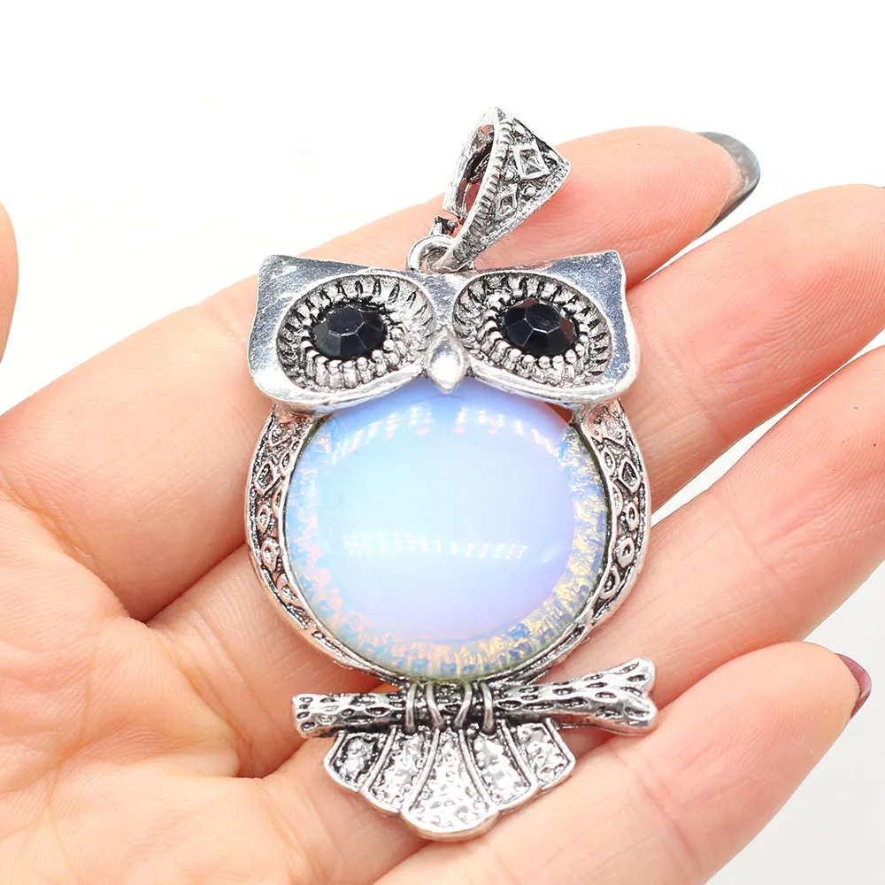 

Natural Stone Agates Pendant Cute Owl Antique Silver Alloy Rose Quartzs Crystal for Jewelry Making DIY Necklace Earring Gift