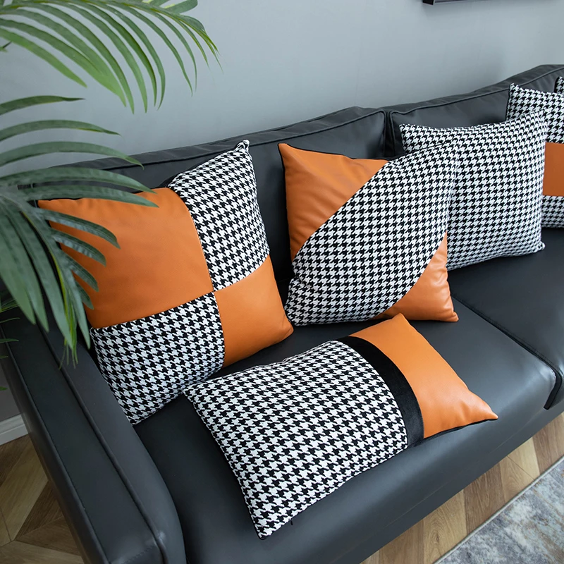 

Leather Stitching Cushion Cover Brief Houndstooth Lattice Printed Cushions Covers Colour Blocking Comfortable Elegant Pillowcase