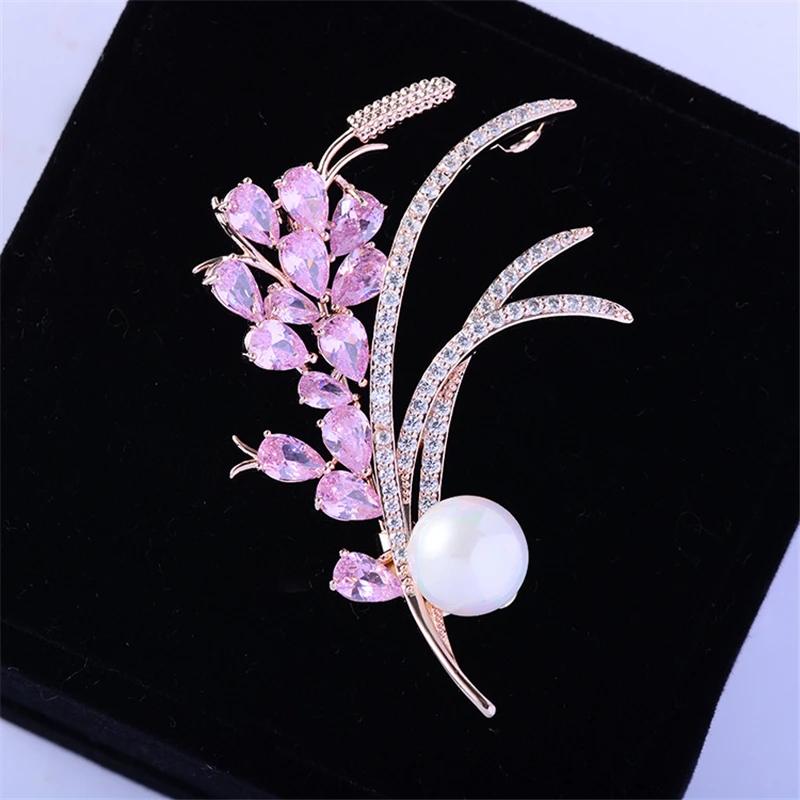 

Luxurious AAA Pink Zircon Rhinestone Flowers Brooch Pearl Crystal Flower Brooches for Women Pin Badges Jewelry Christmas Gifts