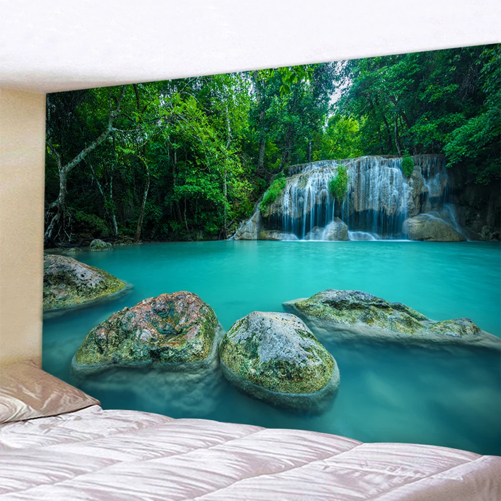 

Secluded Forest Waterfall Home Art Tapestry Bohemian Decorative Tapestry Hippie Yoga Mat Sheets Large Size Sofa Blanket