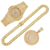 2pcsset iced out watches necklace aaa rhinestone 13mm full miami curb cuban chains cz bling gold watch for men jewelry clock