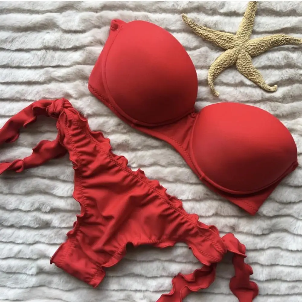 Модный летний женский сексуальный комплект бикини купальник сплошной цвет