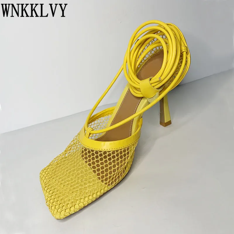 

Runway Net Mesh Thin High Heel Sandals Women Square Toe Ankle Strappy Gladiator Sandalias Summer Sexy Party Nightclub Shoes 2021