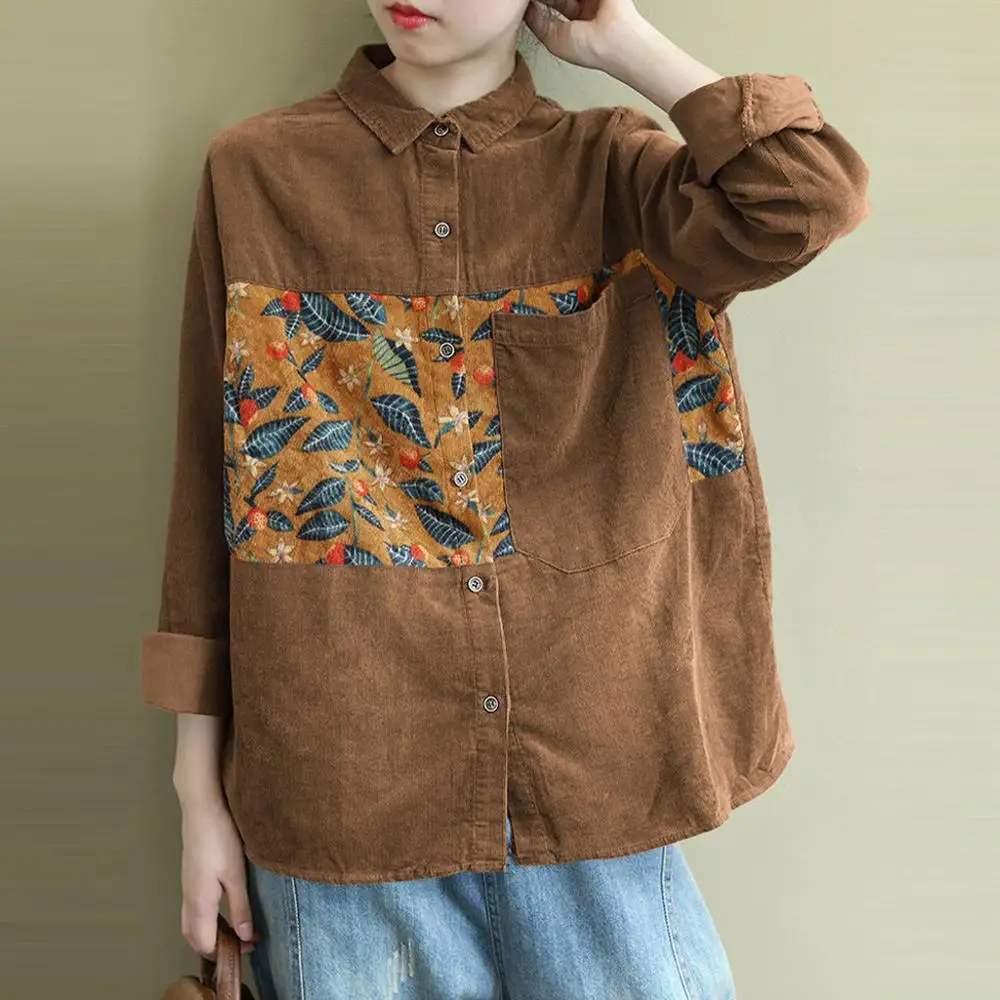 Женская винтажная Вельветовая блузка с длинным рукавом и цветочным