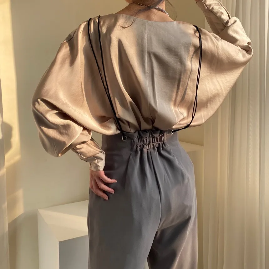 

HziriP Chic Sexy Brief V-Neck Solid Elegant Luster Satin New Women Streetwear Slim Loose Casual OL All Match Large Size Shirts