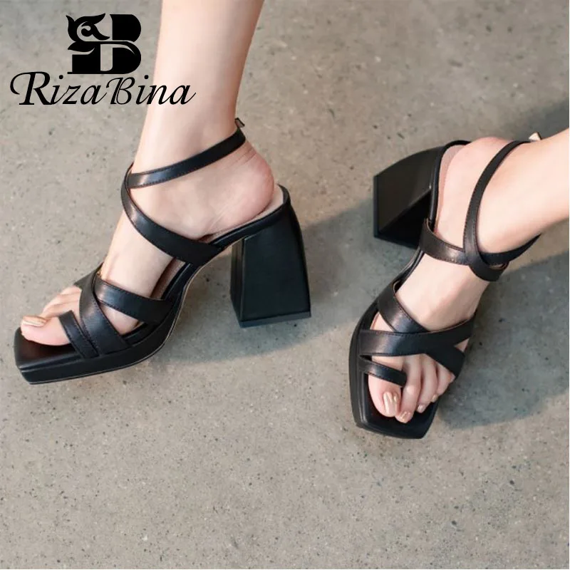 

RizaBina Size 33-39 Women'S Sandals Genuine Leather Thick High Heels Buckles Platform Shoes For Women Summer Fashion Footwear