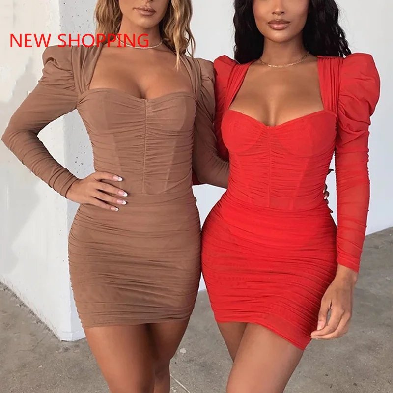 

Spring New Double Layer Mesh Mini Party Sexy Dresses Women Long Sleeve Autumn Dress Red Kahaki Fold Bodycon Bandage Dresses 2021