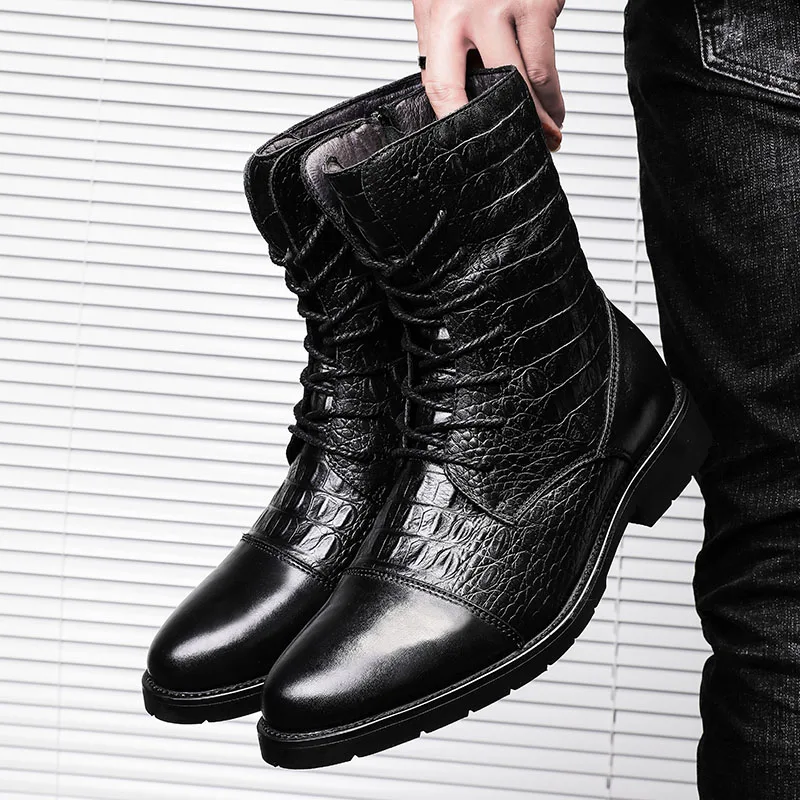 

Genuine Lether Martin Boot Female Low Heel Martens Mujer Casual Ankle Boots Shoes Unisex Plus Size With Fur Crocodile Skin Style
