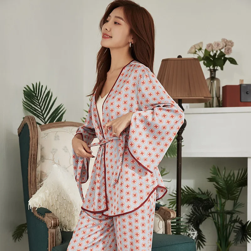 

Pink Flower 3PCS Sleepwear Women Loose Pajamas Set Spring Summer Sleep Set Femme Trousers Suit Casual Pijamas Suit Loungewear