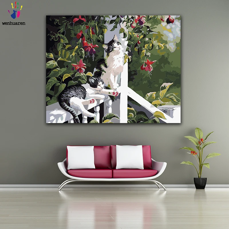 DIY картинки для раскраски по номерам с цветами Два кота в саду картина Рисование