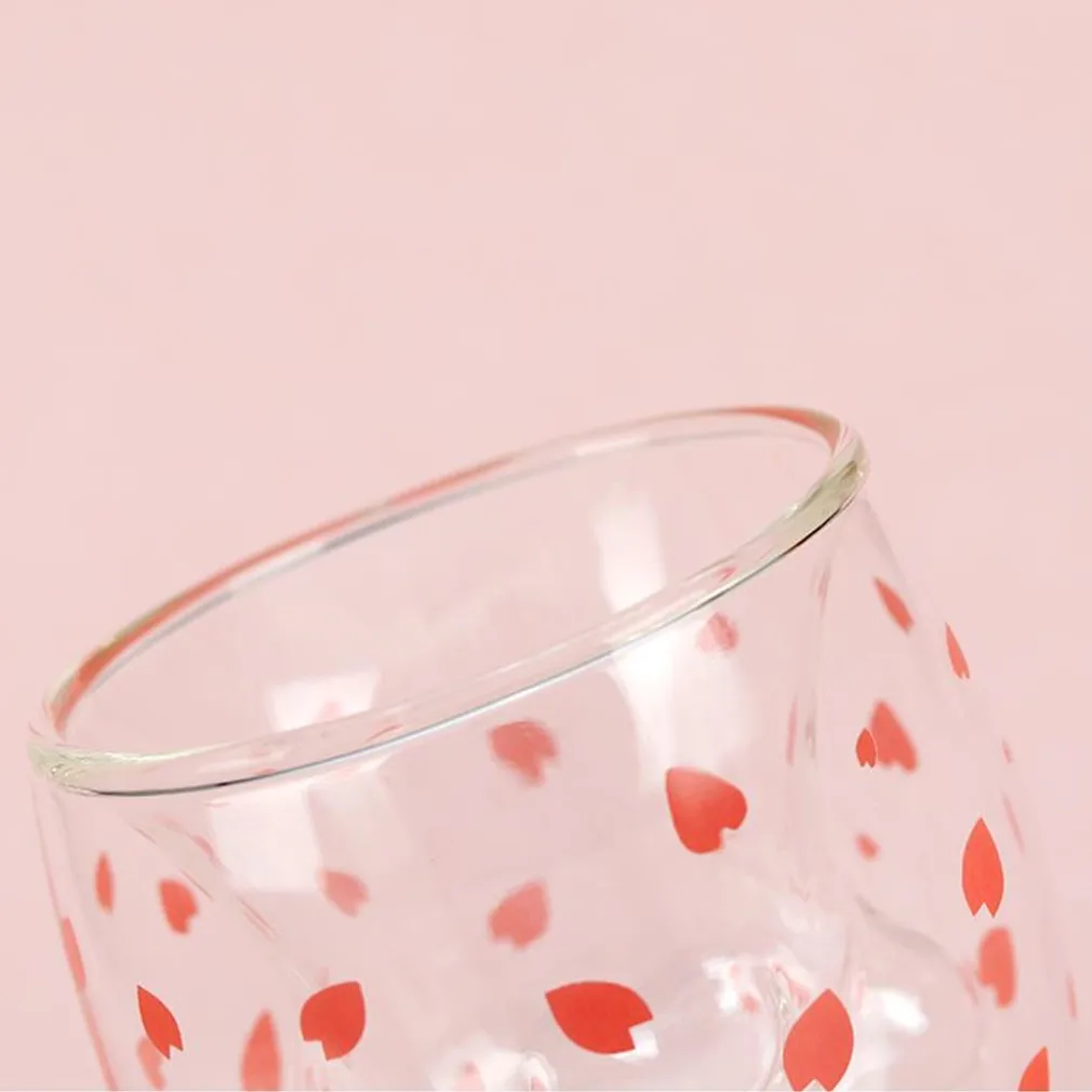 

BOUSSAC Creative Cup Double Glass Mug Cartoon Cute Cat Claw Milk Juice Home Office Cherry Pink Transparent Paw Cup Coffee Mug