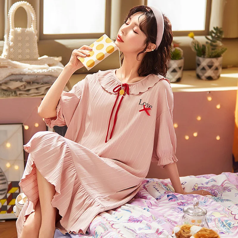 

Ночная рубашка женская летняя тонкая Слитная юбка средней длины с коротким рукавом Свободная Однотонная юбка женская домашняя одежда