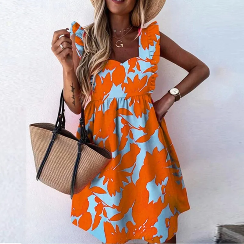 

Casual Dress Summer Women Short Butterfly Sleeve Party Dresses Square Collar A-Line Sundress Print Beach Dresses Vestidos Cortos