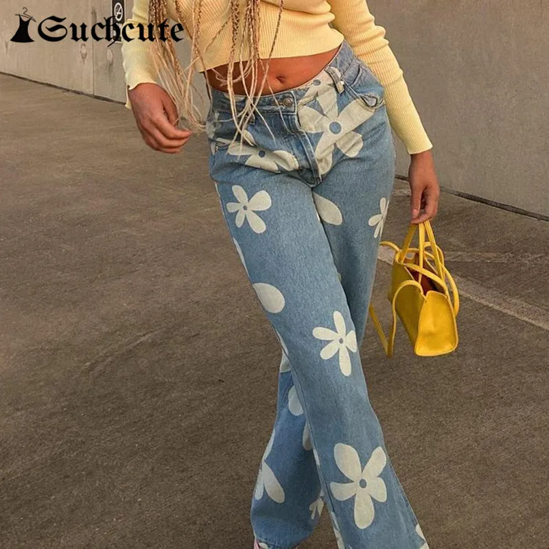

Женские джинсы с цветочным принтом, в стиле Харадзюку