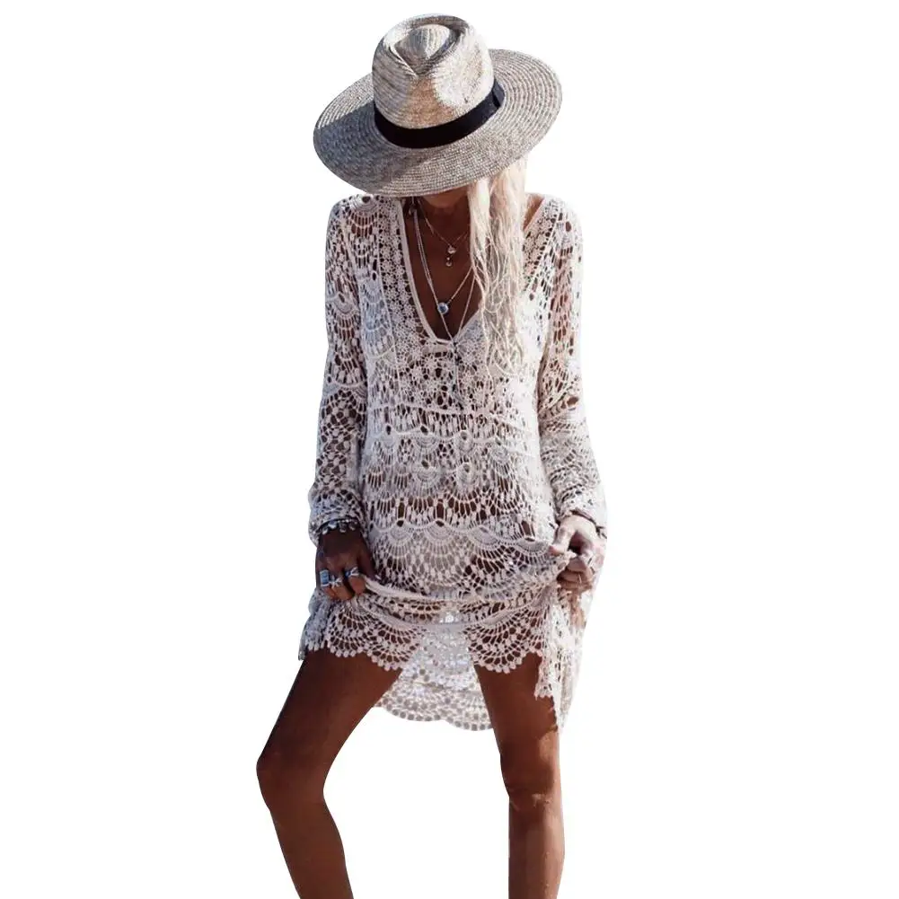 

Hollow lace hook long sleeve beach skirt