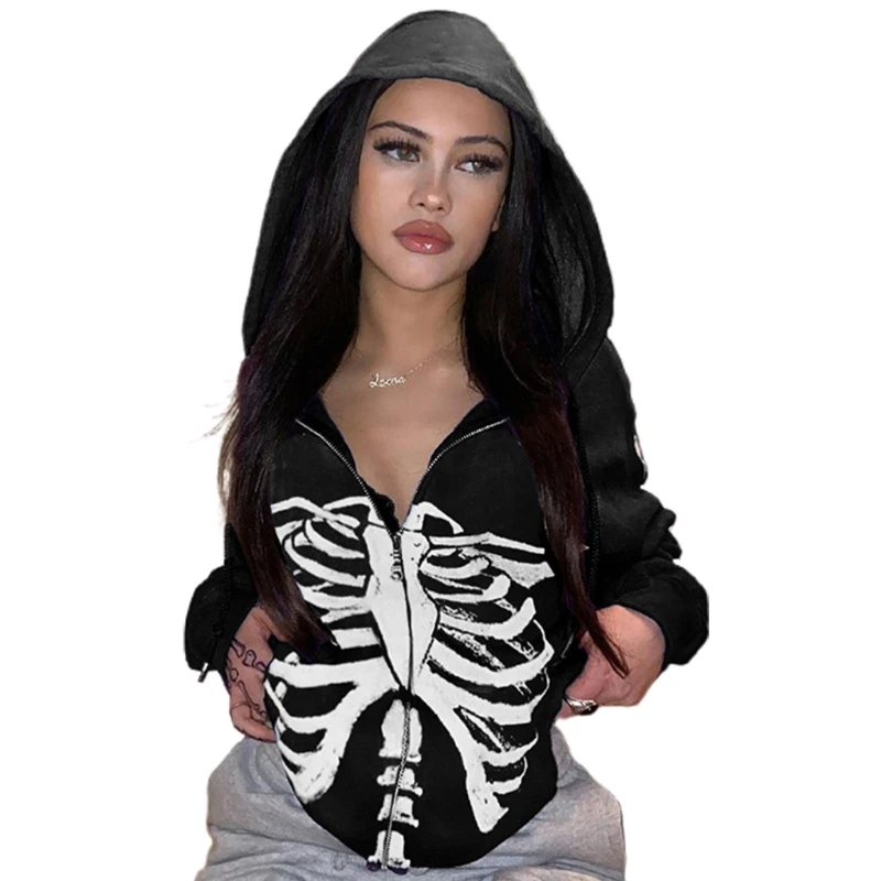 X5XD женские толстовки с длинным рукавом в стиле панк куртка принтом скелета на