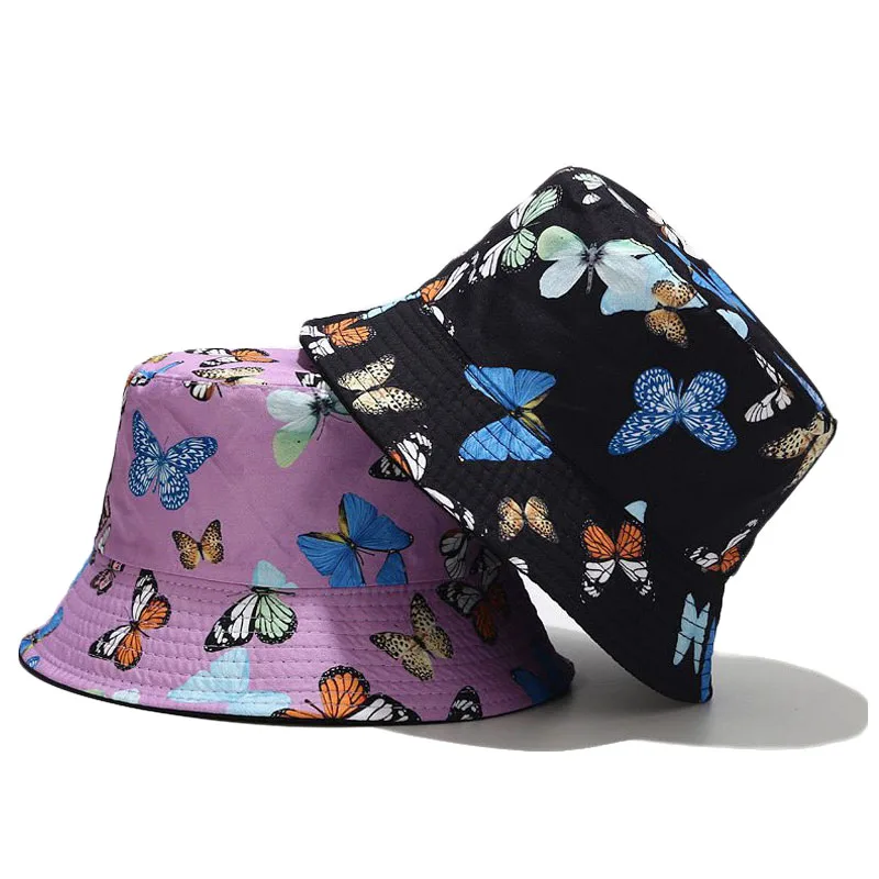 Панама женская двусторонняя с принтом бабочки модная уличная в стиле хип хоп