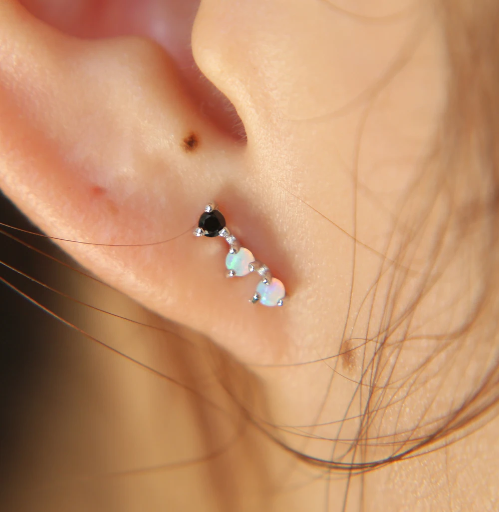 

Cute 925 sterling silver simple bar shape stud earrings with white opal black cz stone paved women girl party wedding jewelry