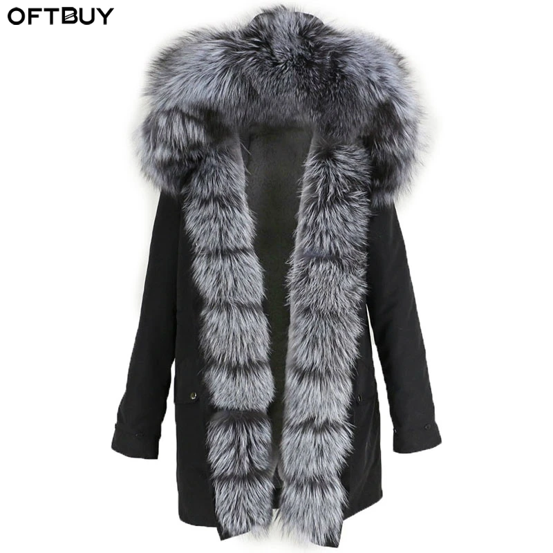 Женское пальто с натуральным мехом OFTBUY, чёрная куртка с воротником из натурального лисьего меха, водонепроницаемая длинная парка, теплая уличная верхняя одежда со съемным мехом для зимы
