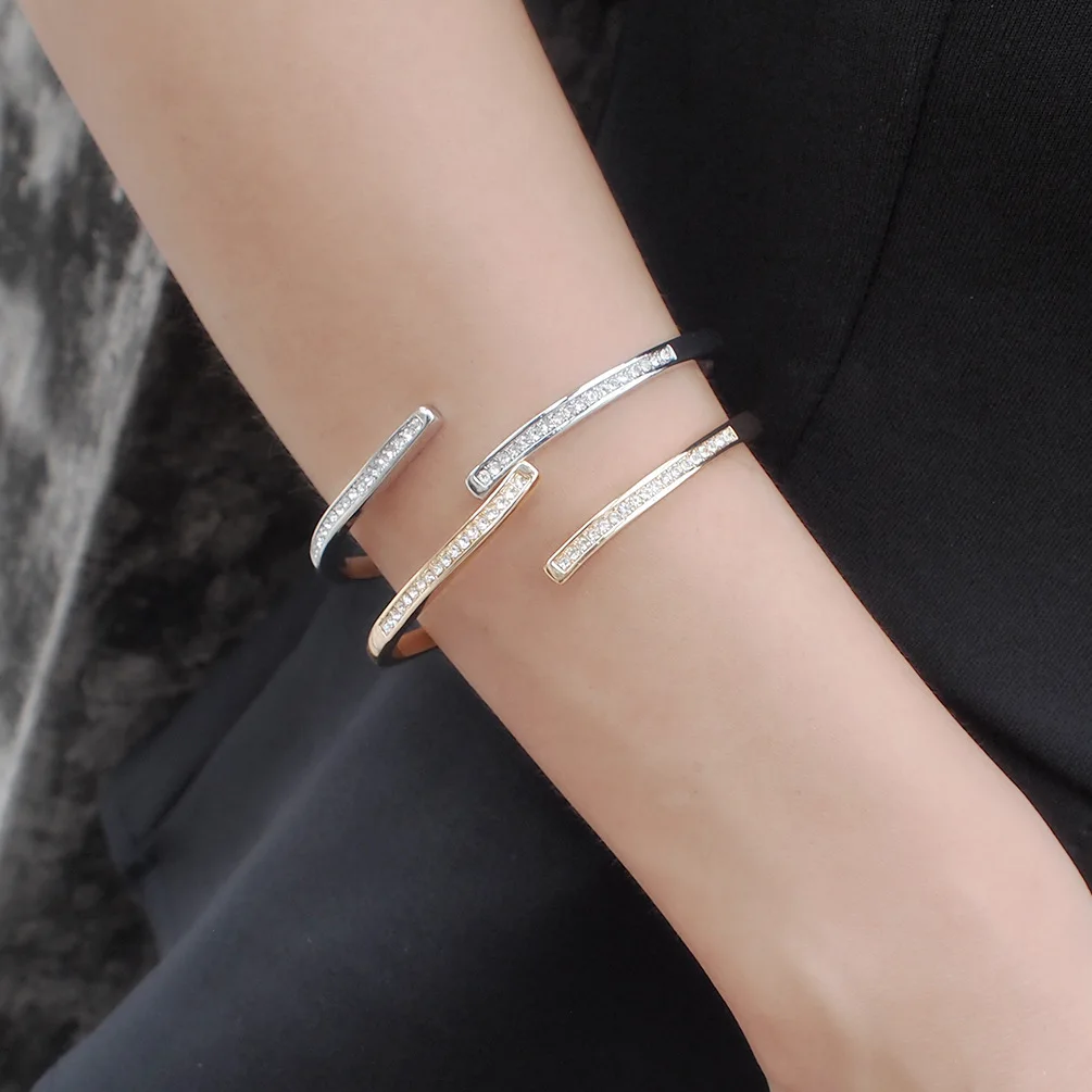 

BK Simple Rhinestone Bracelet Women Trendy Golden Silver Color Alloy Unique Charm Bangle Bracelet Accessories