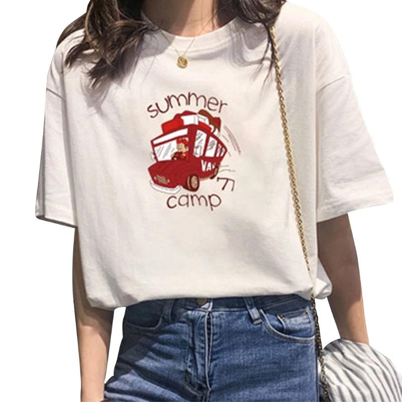 

Women Half Sleeve O-Neck White T-Shirt Cartoon Animal Casual Loose Pullover Tops