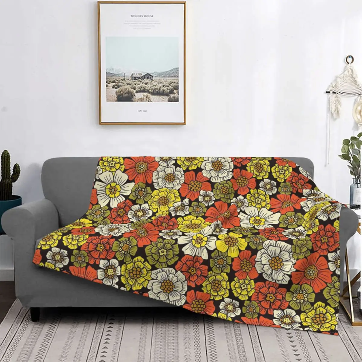 

Manta Retro с цветочным принтом, colcha de cama a cuadros, manta de playa de lana, edredones y colcha, 1960S, 1970S
