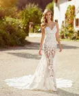 Пляжные Свадебные платья сексуальное платье с v-образным воротом, с низким вырезом на спине платье Русалка на бретельках Свадебные платья а-силуэт со шлейфом средней длины Кружева Vestido De Noiva на заказ