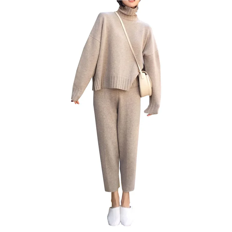 

Autumn Winter Casual Knitted 2-piece Woman Fashion Turtleneck Sweater + Loose High Waist Women's Pants 2020 Women Clothing