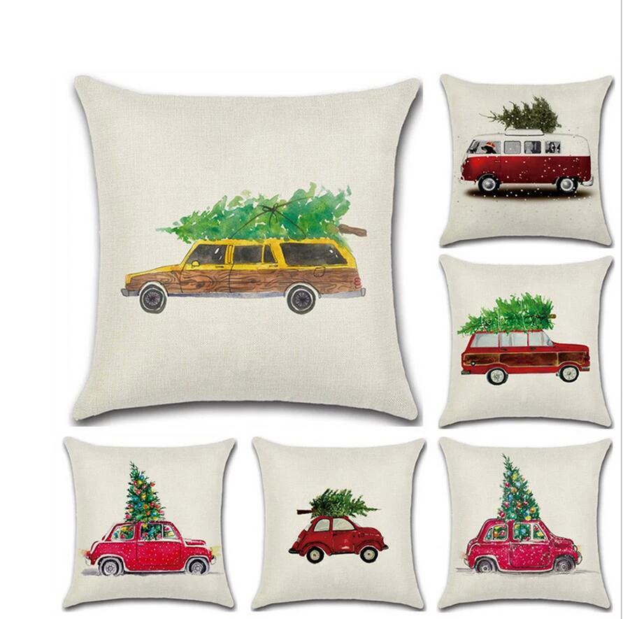 

Рождественская Подушка с мультяшным рисунком автомобиля и дерева, украшение для дома, льняная подушка для дивана, наволочка для автомобильной подушки