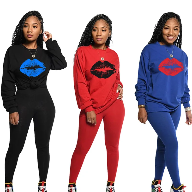 Осенний женский спортивный костюм с принтом в виде красных губ 2019| |
