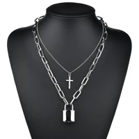 hip hop jewelry gothic double layer padlock cross round heart lock key necklace punk link chain lock pendant necklace women gift