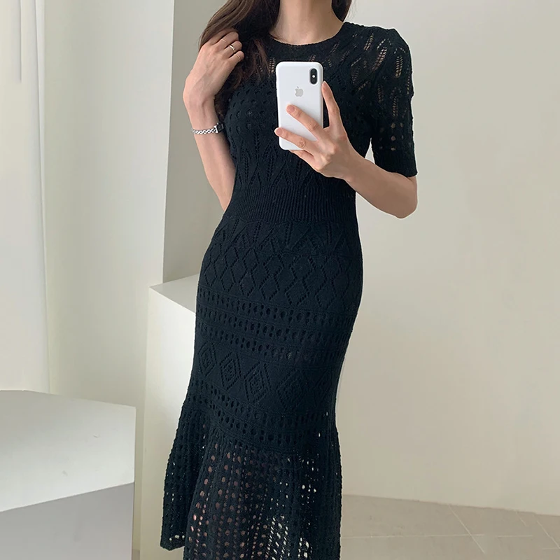 Корейский Chic открытое трикотажное платье Летние Элегантные платья для женщин с