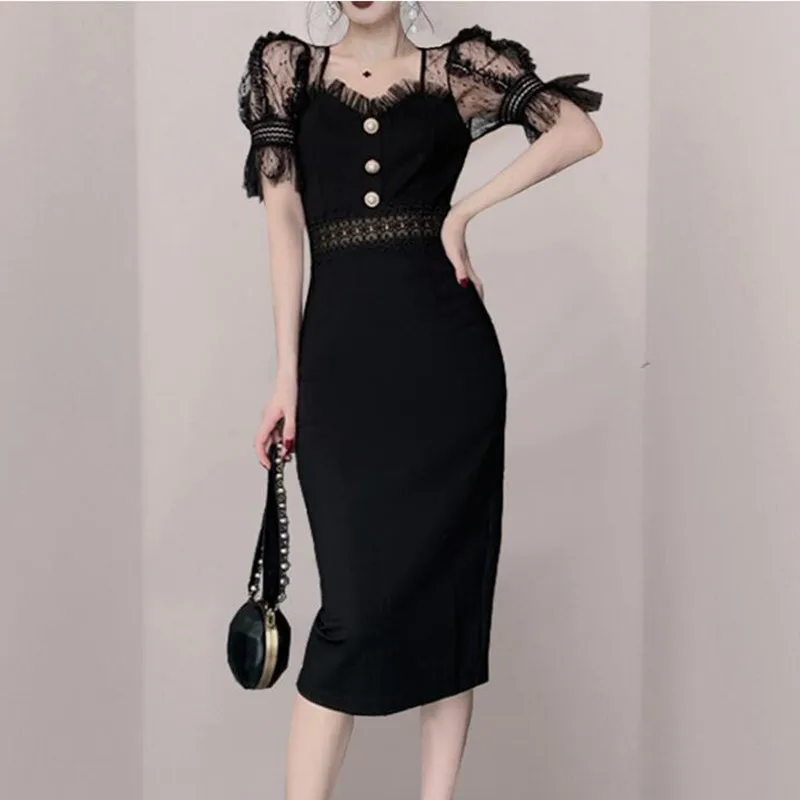 

ZAWFL Elegant V-Neck Single Breasted Lace Sweet Slim 2021 Chic Lady Hot High Waist Sexy Streetwear Summer Short Sleeves Dresses
