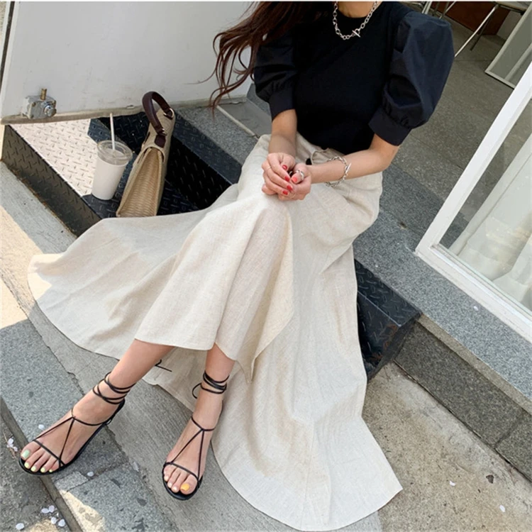 Colorfaith New 2022 Vintage Elastic Waist Buttons Irregular Chic Cotton and Linen Split Spring Summer Women's Long Skirts SK8560 images - 6