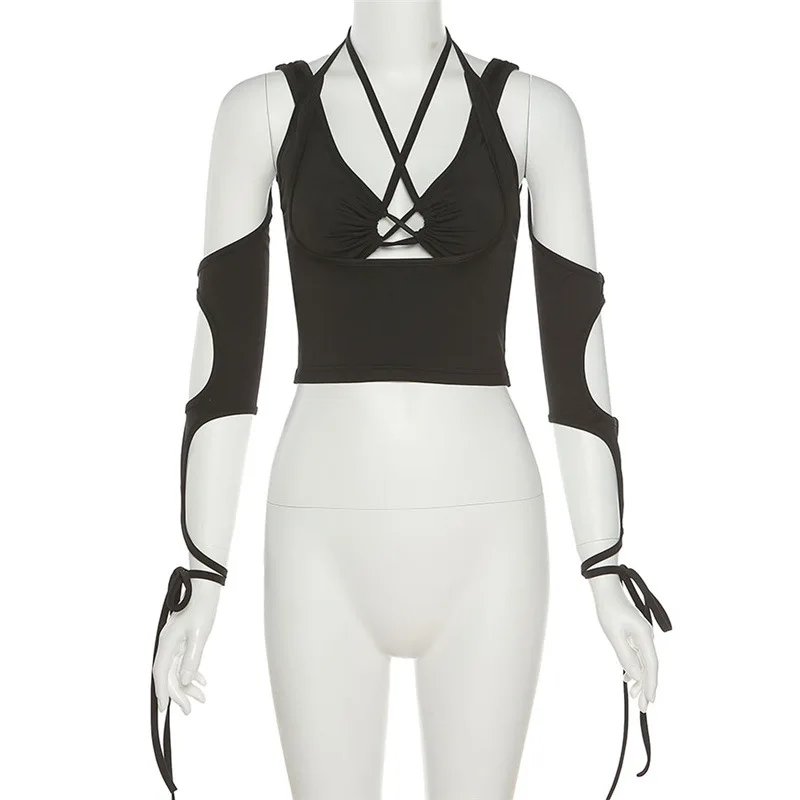 

Black T-Shirt Summer Street Sexy Slim Trendy Strappy Hollow Hanging Neck Solid Color Tank Tops Casual High Street Wear Women