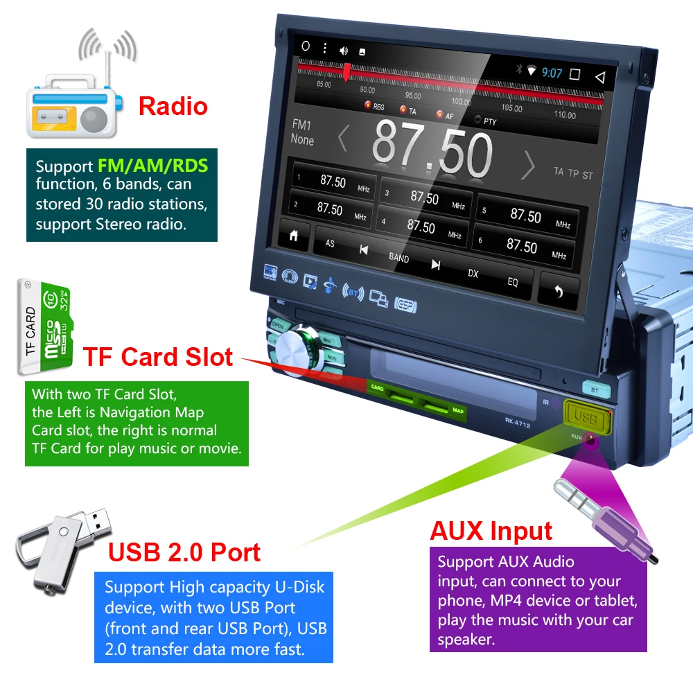 Podofo GPS навигация автомобильное радио 1 Din Android автомобильный мультимедийный MP5