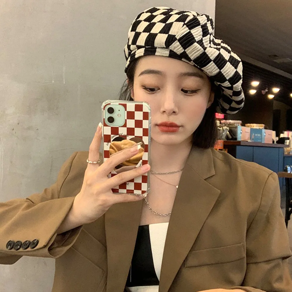 

Japanese minority chessboard lattice Beret female summer new fashion retro cloud hat spring and autumn style large head circumfe