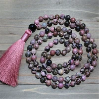 8mm natural rhodonite gemstone 108 beads tassel mala necklace meditation wrist lucky healing