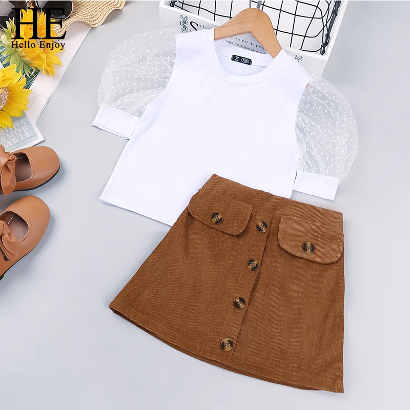 

HE Hello Enjoy/модные детские комплекты одежды для девочек короткий черный сетчатый топ для маленьких девочек + желтая юбка в горошек детская одеж...