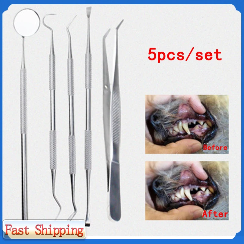 

5PCS Pets Teeth Cleaning Scaler Tools Cats Dogs Tartar Remover Dental Stones Oral Stainless Steel Care Kit Scraper Pet Supplies