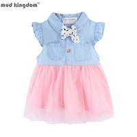 mudkingdom toddler girl denim dress with collar patchwork girls dresses for kids bow clothes tulle fluffy children summer wear